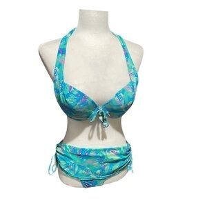Aqua- Two piece Swimsuit- Padded Bra-Ruching on bottom - Size 10 - Turquoise